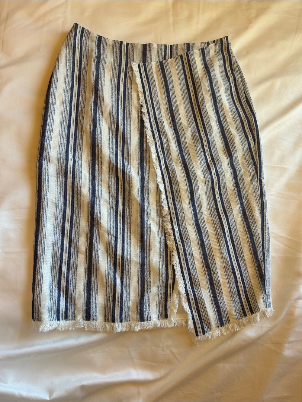 Moon River Blue and White Striped faux Wrap Pencil Skirt